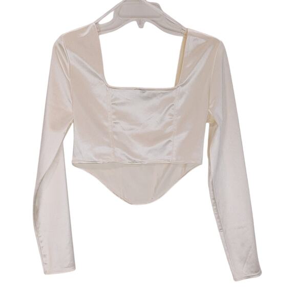 Divided H&M Long Sleeve Corset Cropped Top Asymmetric Hem Satin Cream Womens M - Picture 4 of 7